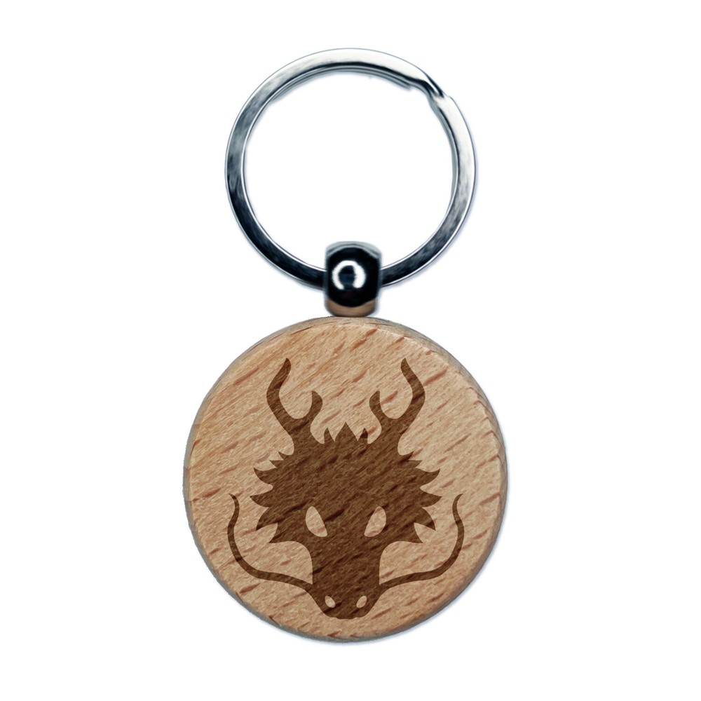 Asian Dragon Head Engraved Wood Round Keychain Tag Charm