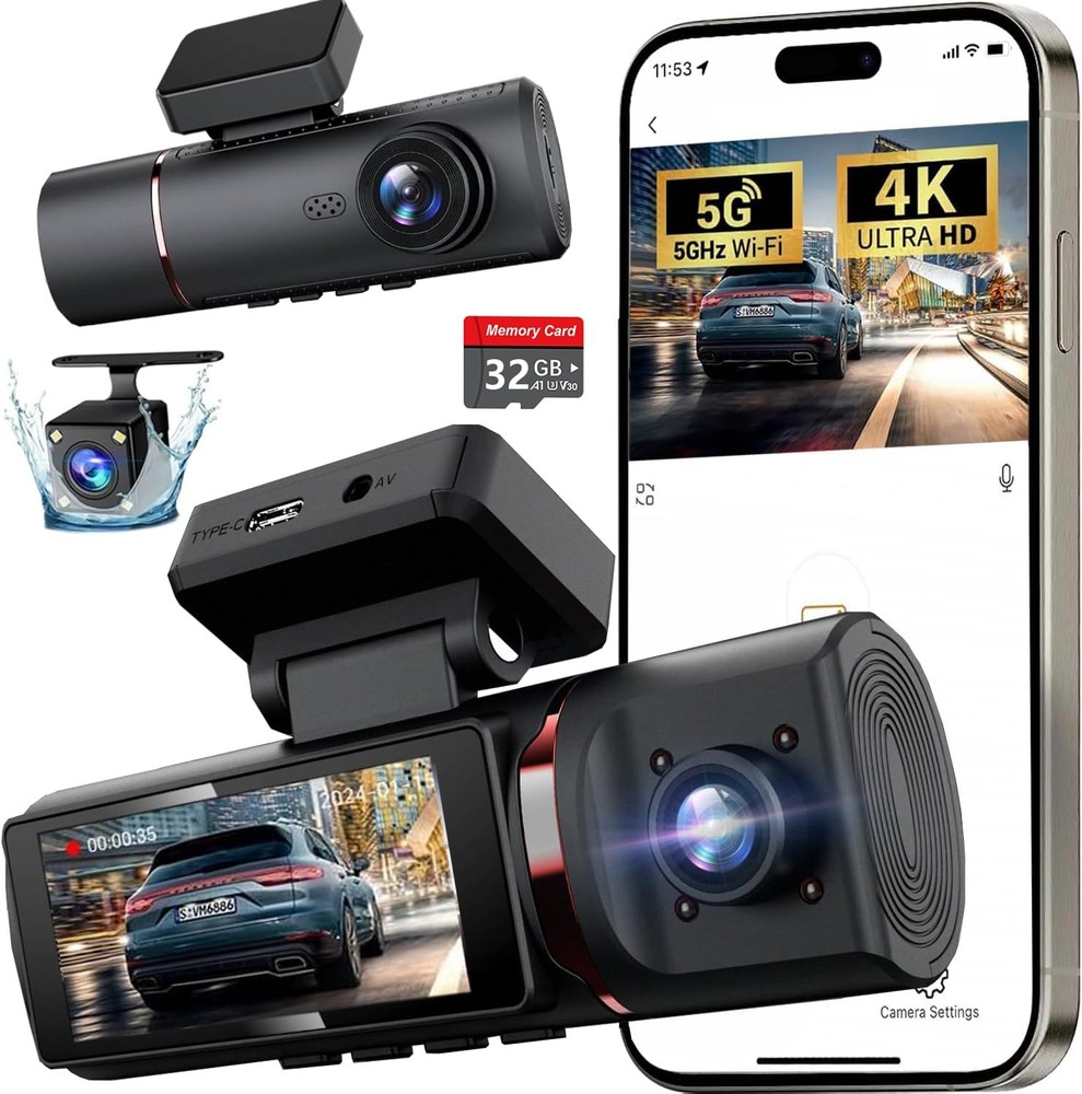 3 Channel 4K Dash Cam with Front, Rear, and 1080P Inside Car Camera
