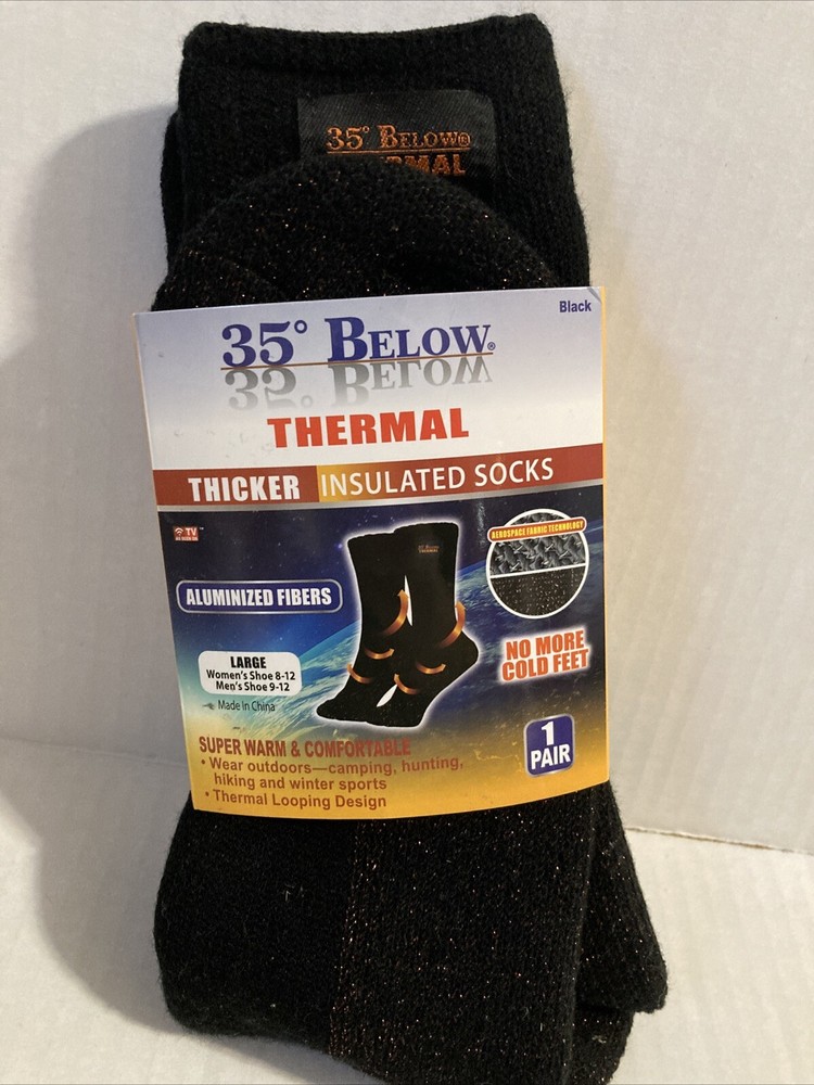 35° Below Thermal Thicker Insulated Socks Aluminized Fibers 1 Pair Black Large