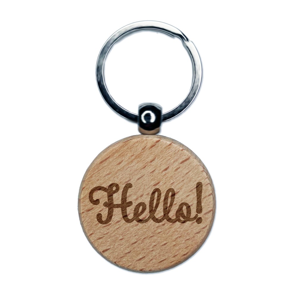 Hello Cursive Engraved Wood Round Keychain Tag Charm