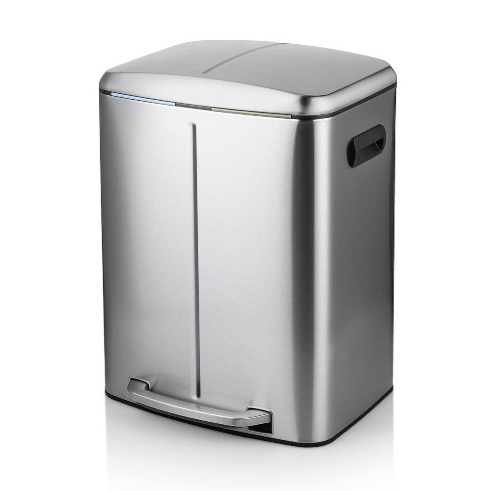 2-Compartment Step Trash Can with Soft-Close Lid for Kitchen Bathroom Bedroom...