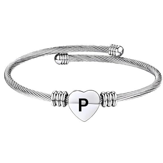 Stainless Steel Heart Word-P Bracelet Engraved Charm Bracelet for Women Silver