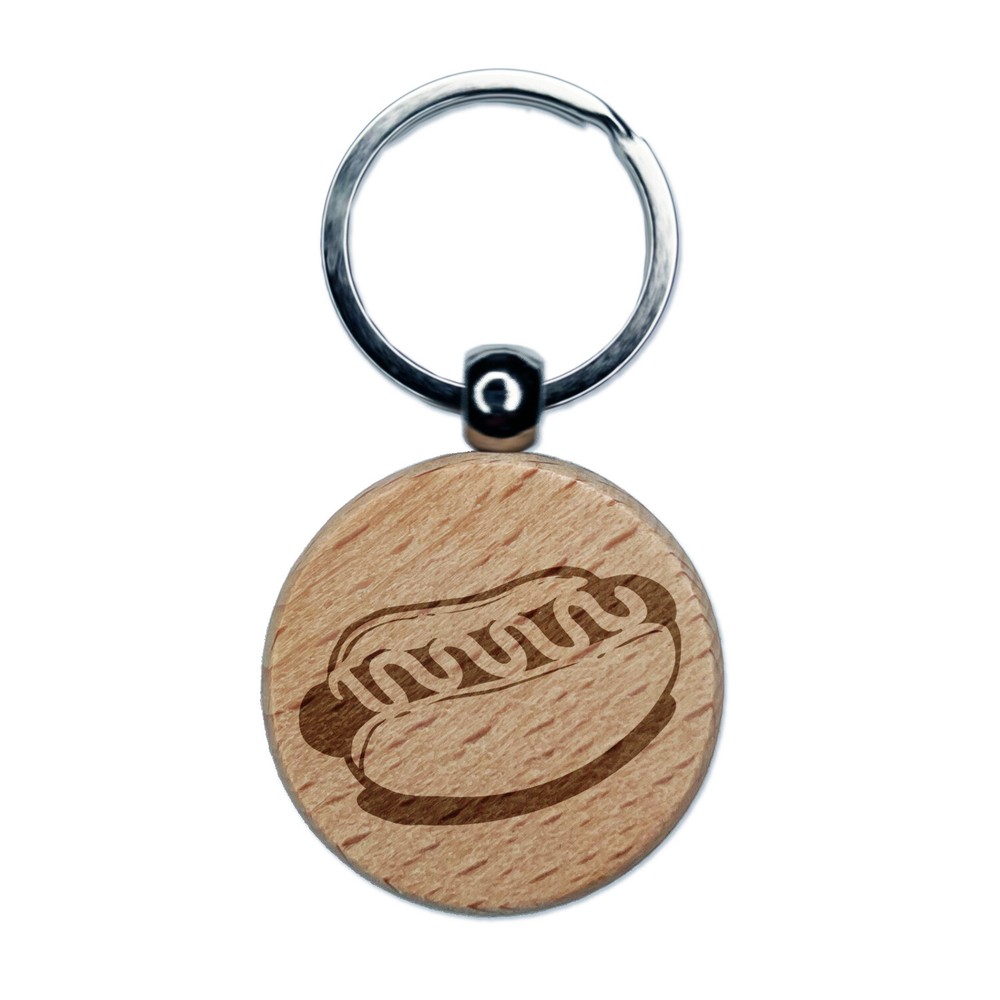 Hotdog Wiener Bun Ketchup Mustard Engraved Wood Round Keychain Tag Charm