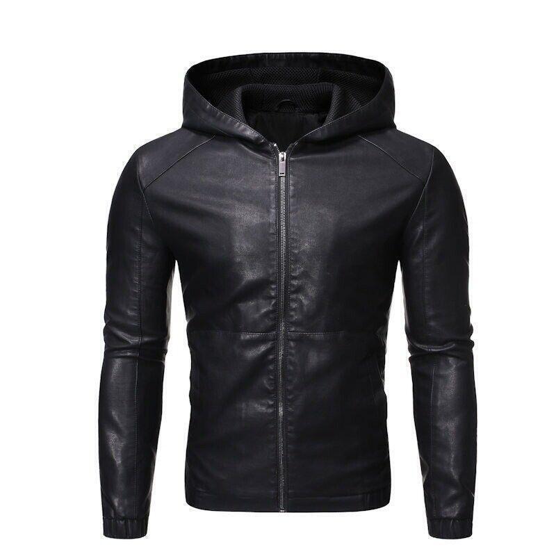 Men's Youth Faux Leather Hooded Zip Jacket Casual Long Sleeve Coat 2025