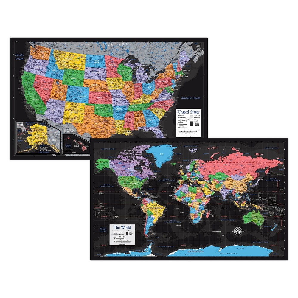 2 Pack - Laminated World Map & US Map Poster Set - Wall Chart Map of the Worl...
