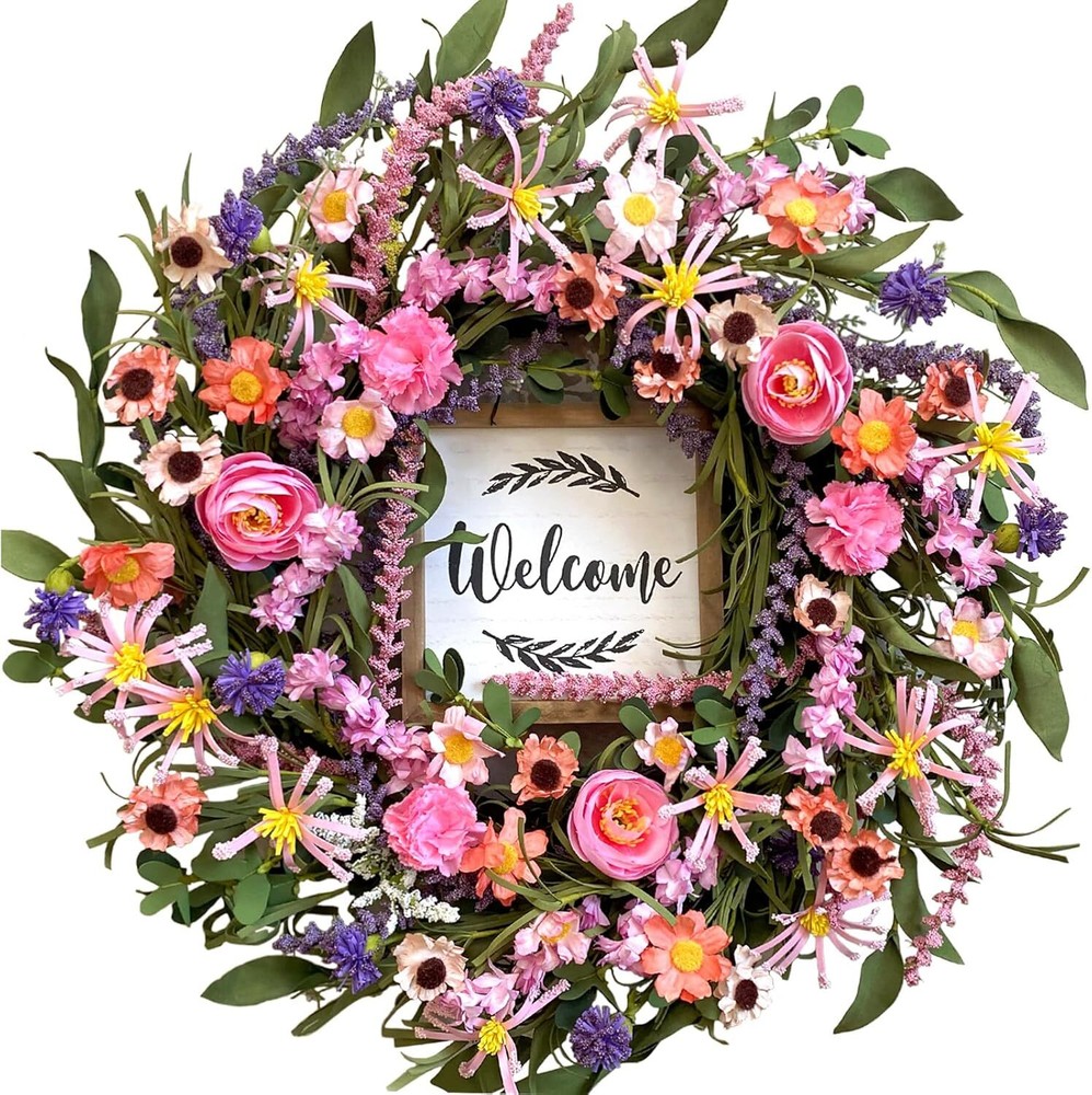22 Inch Spring Summer Floral Wreath for Front Door - Artificial Flowers Decor
