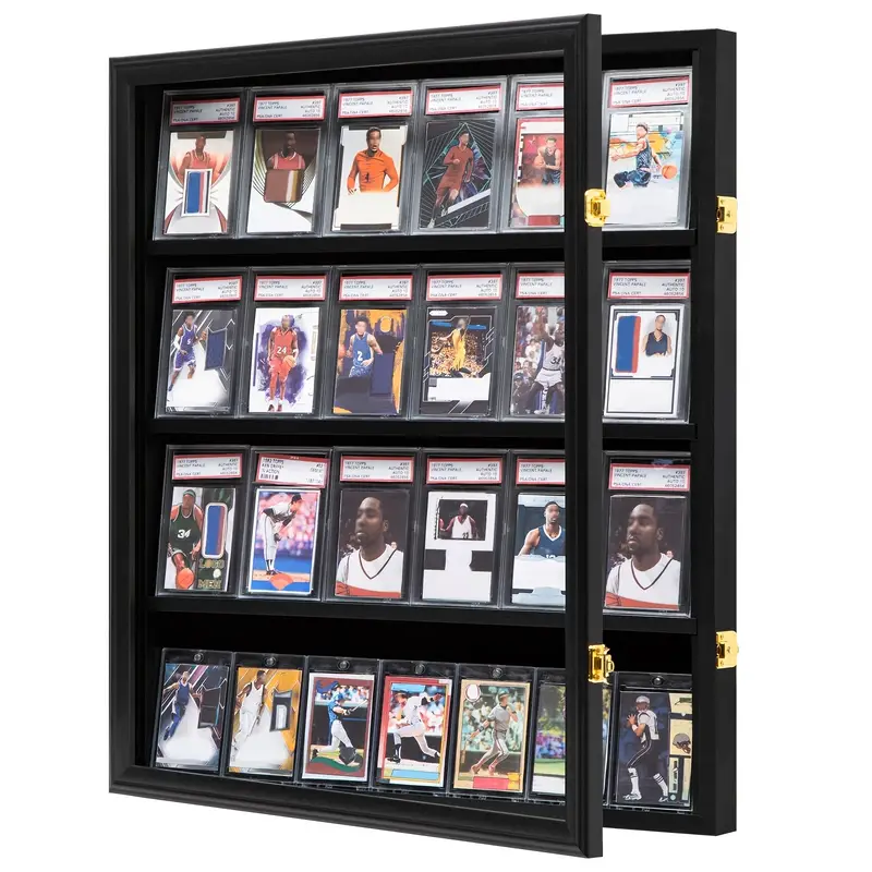 24 Graded Trading Card (PSA, BGS, SGC, CGC) Wall Display Black Wooden Case Locks