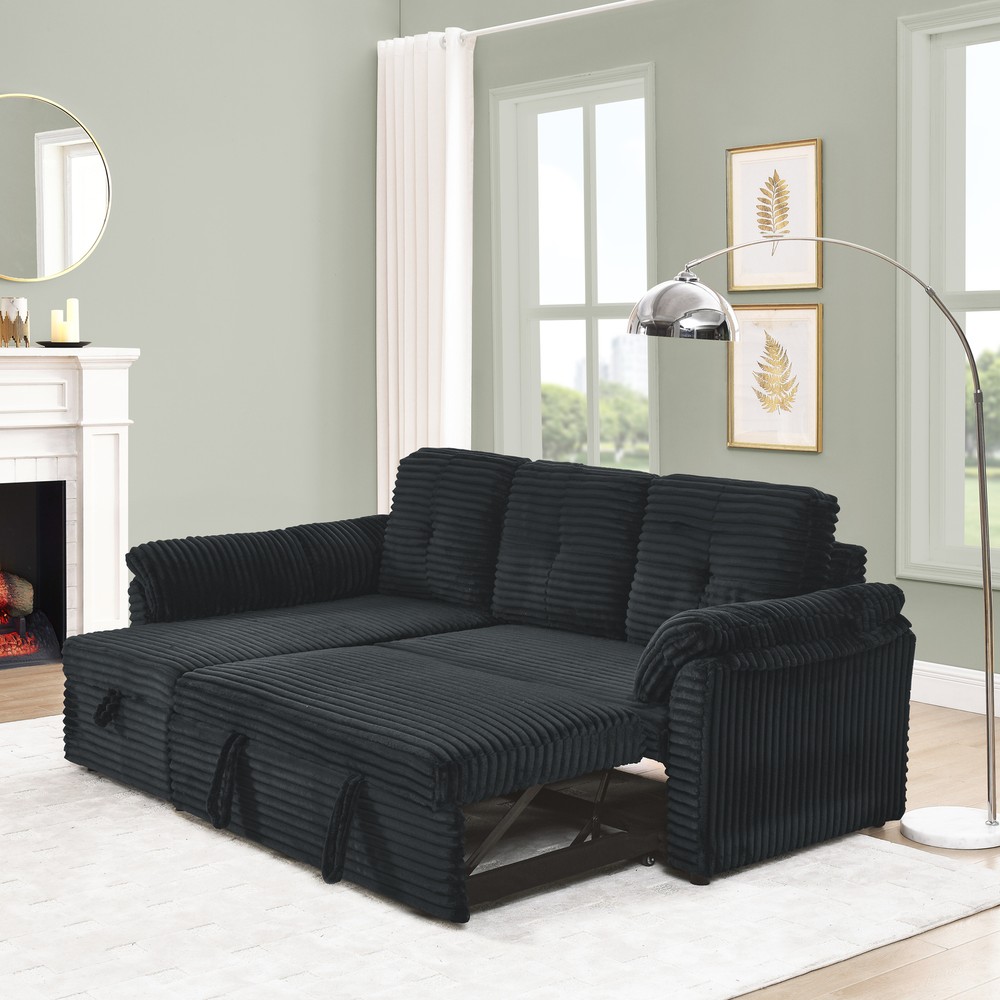 L-Shaped Corduroy Modular Sleeper Sectional Sofa with Tufted Upholstery