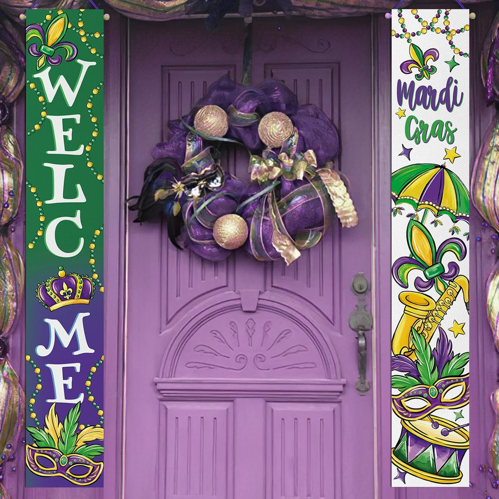 Welcome Mardi Gras Porch Banner Sign, Fleur De Lis Mask Trumpet Drum Umbrella Ne