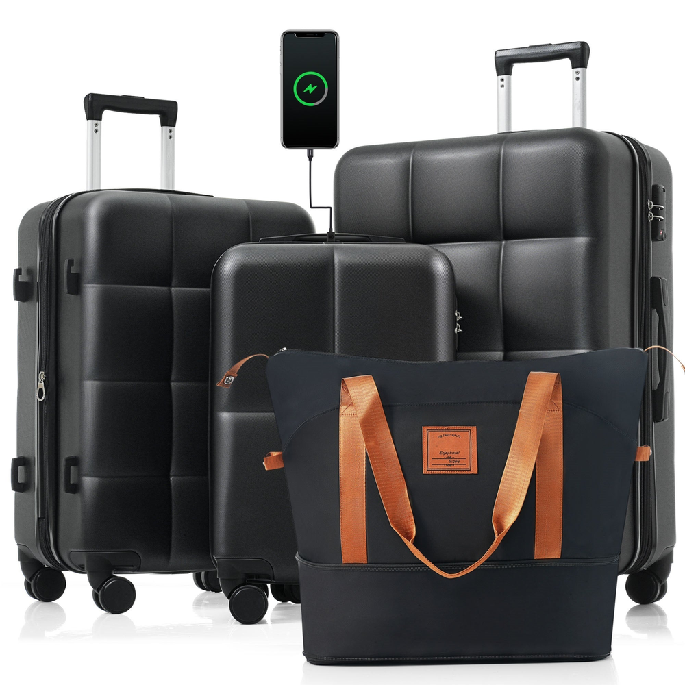 Luggage Sets 4 Piece, 20-inch with USB Port, black and brown