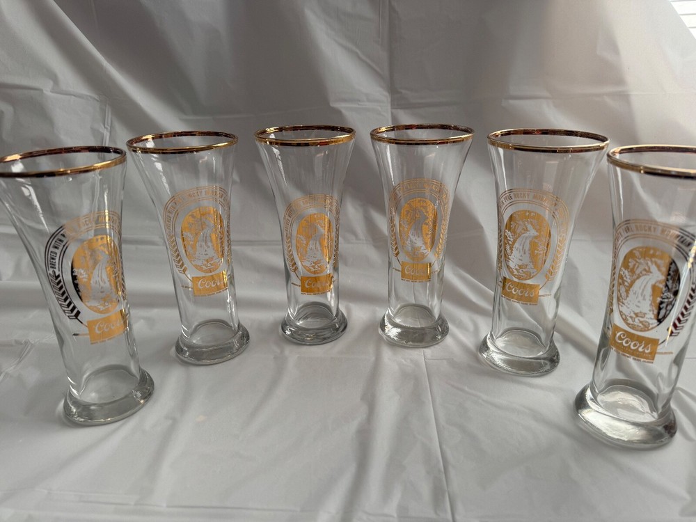 Vintage Coors Pilsner Glass Set Of 6 Waterfall Logo Gold Rim  7-1/4” NIOB