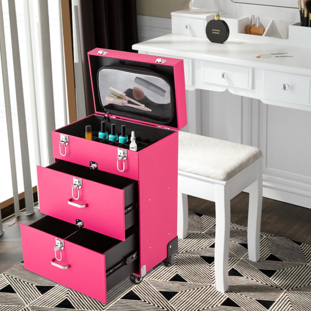 Rolling Cosmetic Trolley Makeup Storage Organizer Makeup Train Case Luggage Box