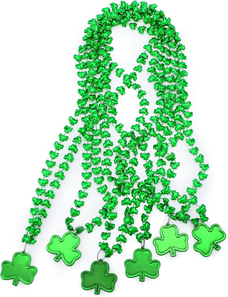 18pcs St Patricks Shamrock Necklaces with Green Bead Pendants for Irish Party