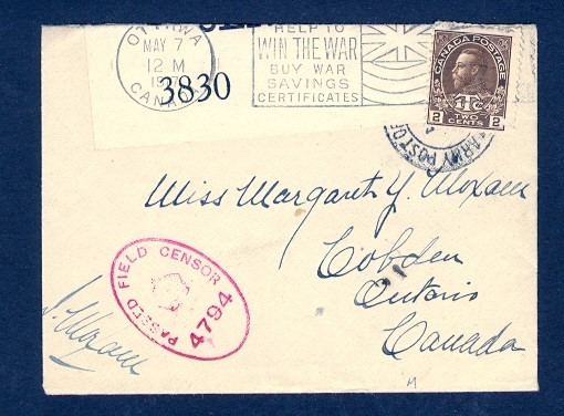 1917 Canada Military Mail to Cobden ON with Censor Tape & Ottawa May 7 Flag