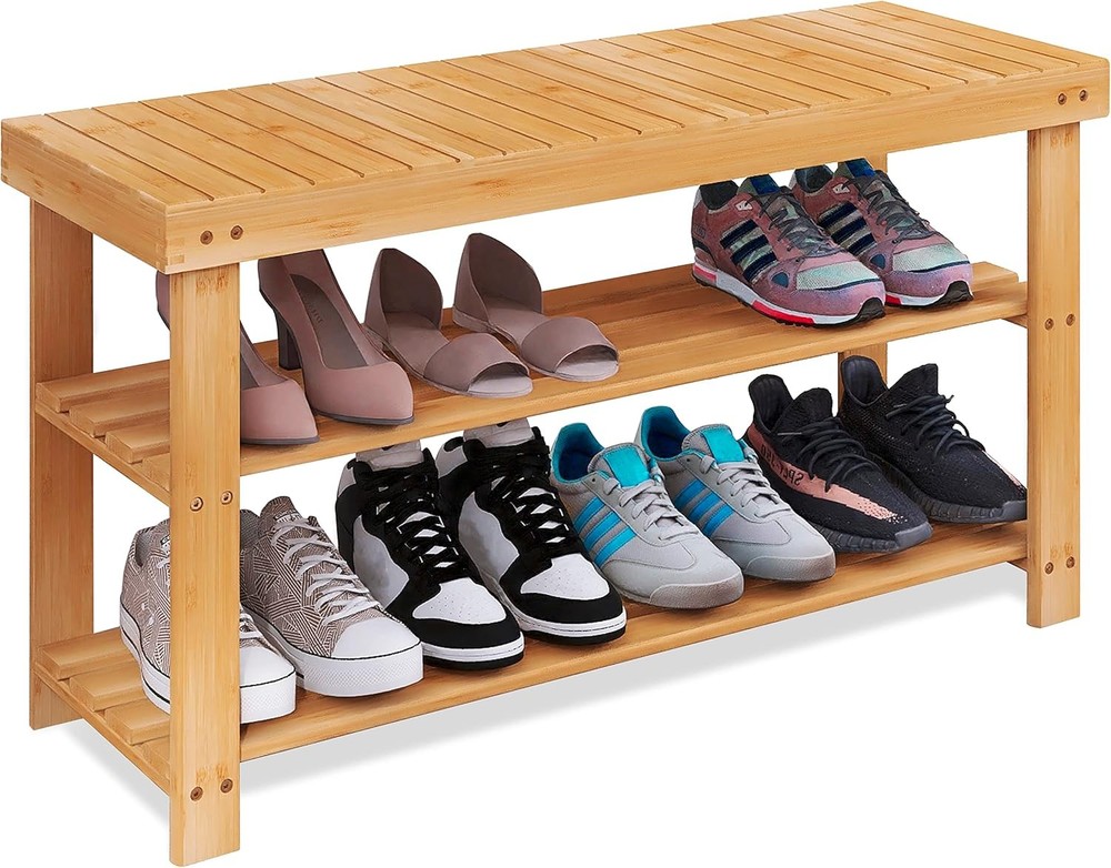 3-Tier Bamboo Shoe Rack Bench Organizer for Entryway Hallway Storage