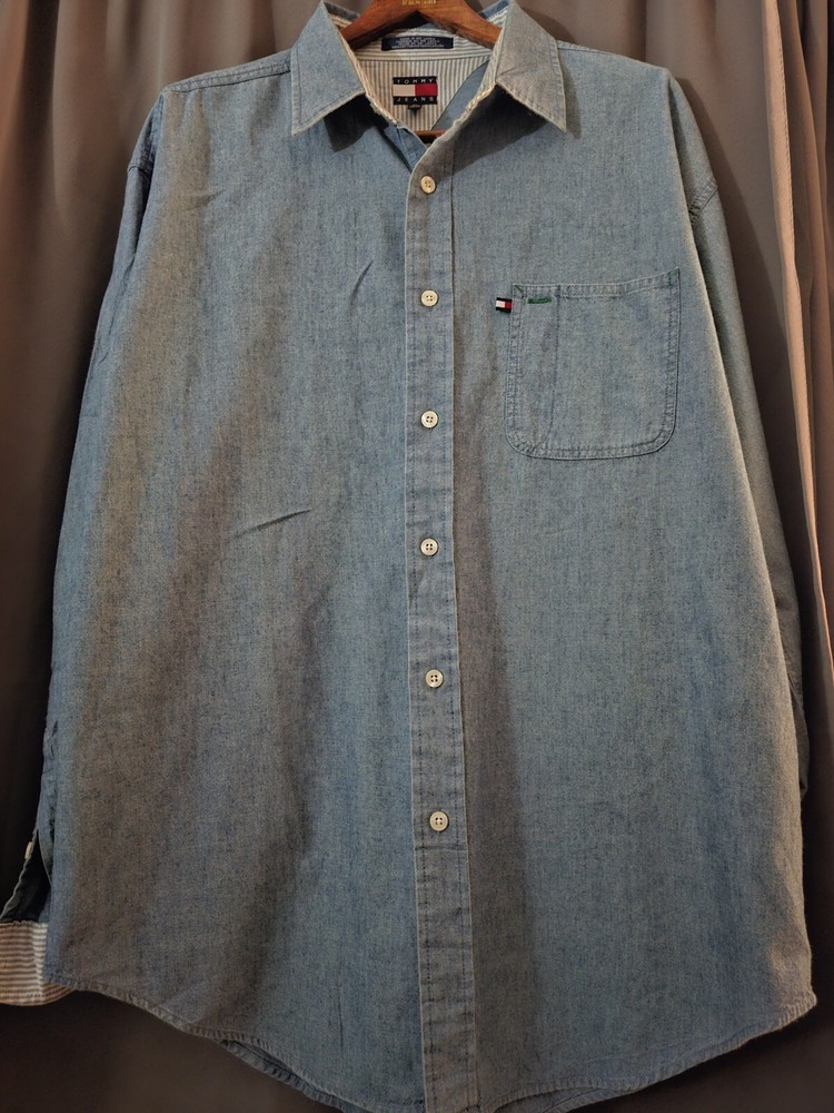 Tommy Hilfiger Mens Vintage 90s Denim Shirt XL Blue with Embroidered Crest Logo