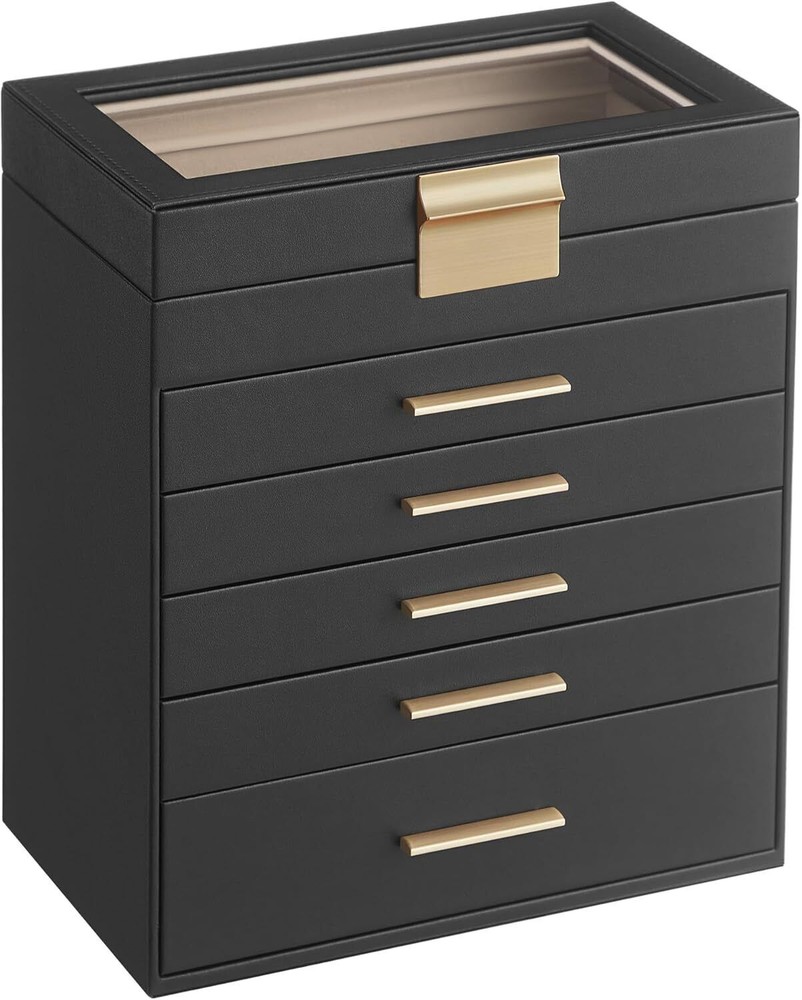 Jewelry Box with Glass Lid, 6-Layer Jewelry Organizer, 5 Drawers
