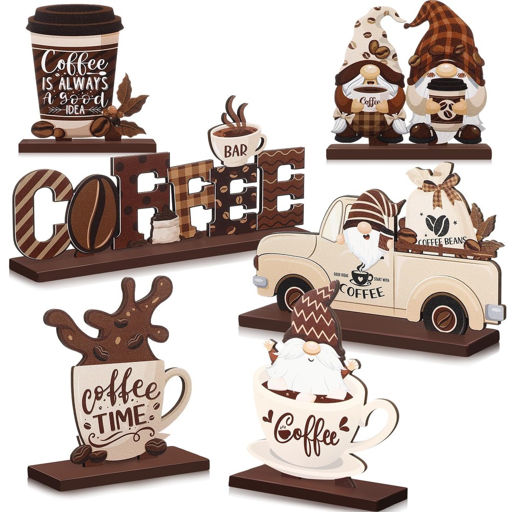 6-Piece Rustic Farmhouse Coffee Bar Decor Set with Gnome Signs