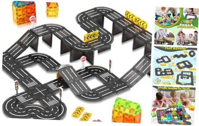 Magnetic Tiles, Construction Magnetic Road Tiles 24 Pcs Road Magnetic Tiles