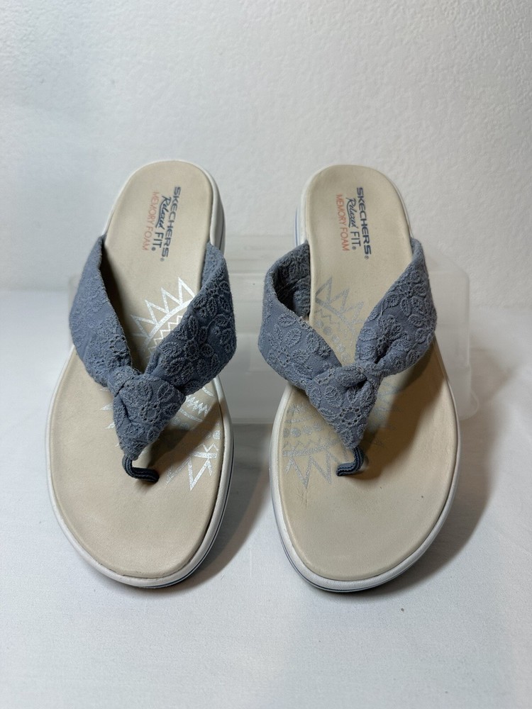 Skechers Relaxed Fit Memory Foam Womens 9 Blue Fabric Straps Sandals Flip Flop