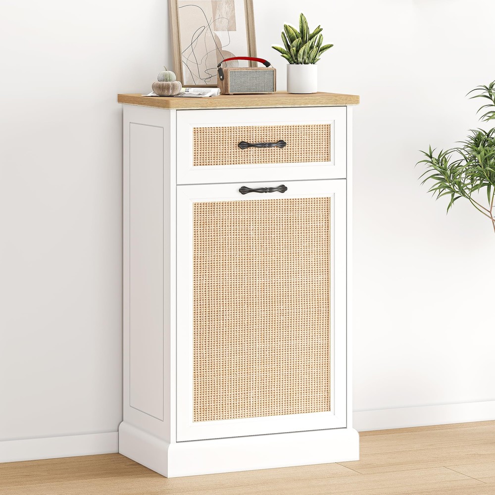 IDEALHOUSE Rattan Tilt Out Trash Can Cabinet, Freestanding Kitchen Garbage Ca...