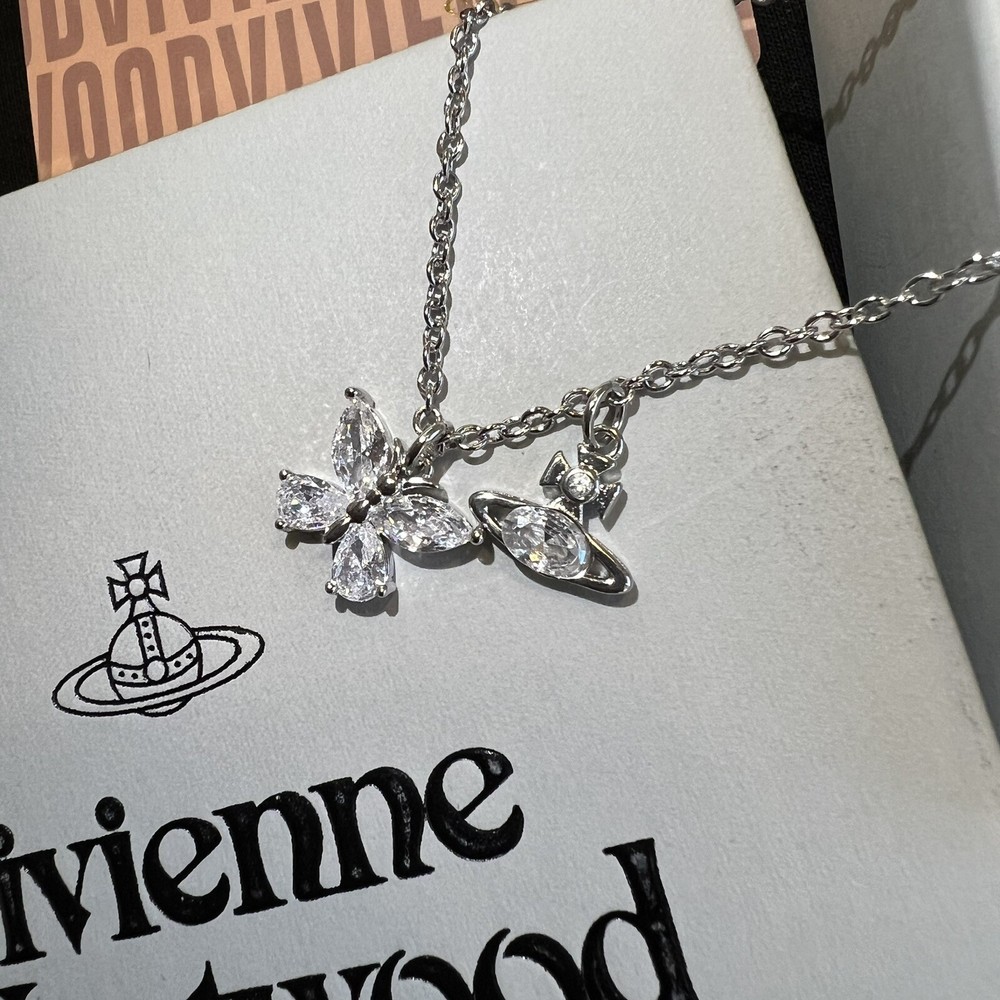Vivienne Westwood Silver Tone Crystal Butterfly Saturn Orb Necklace With Box
