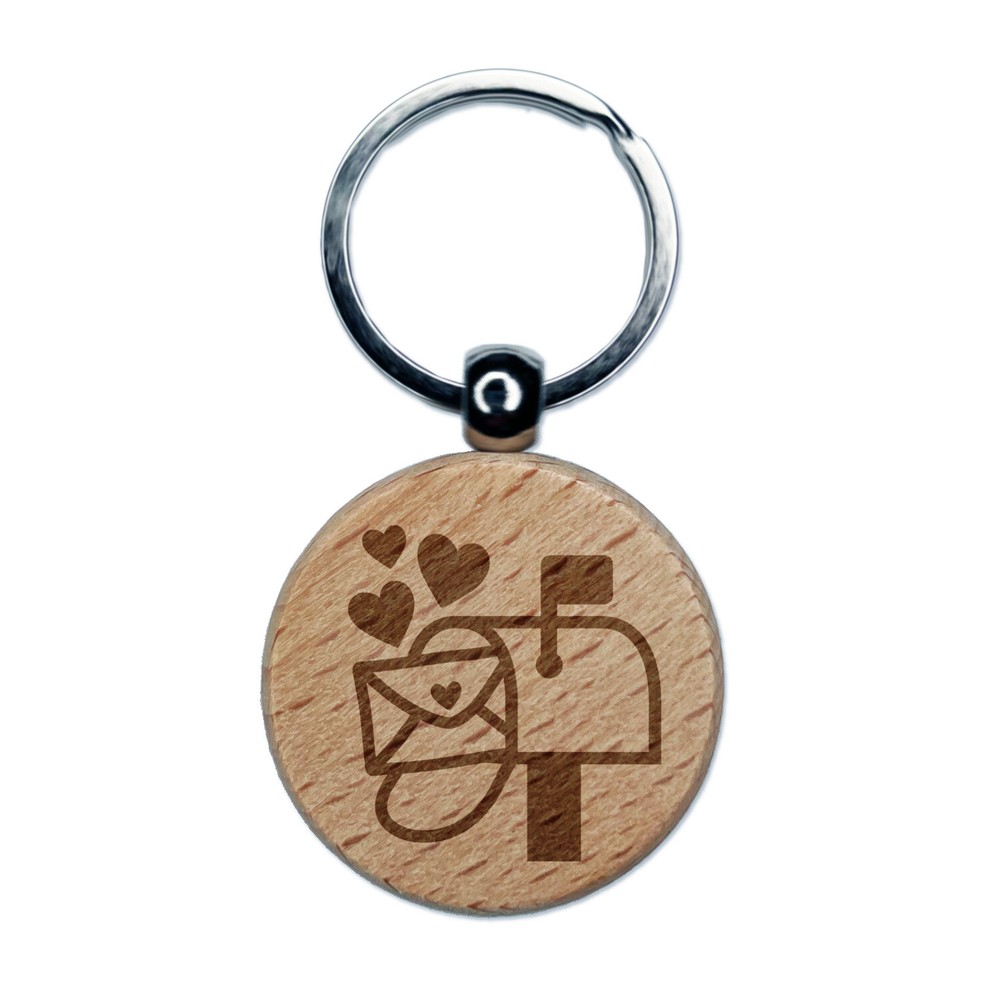 Cute Mailbox with Hearts Engraved Wood Round Keychain Tag Charm
