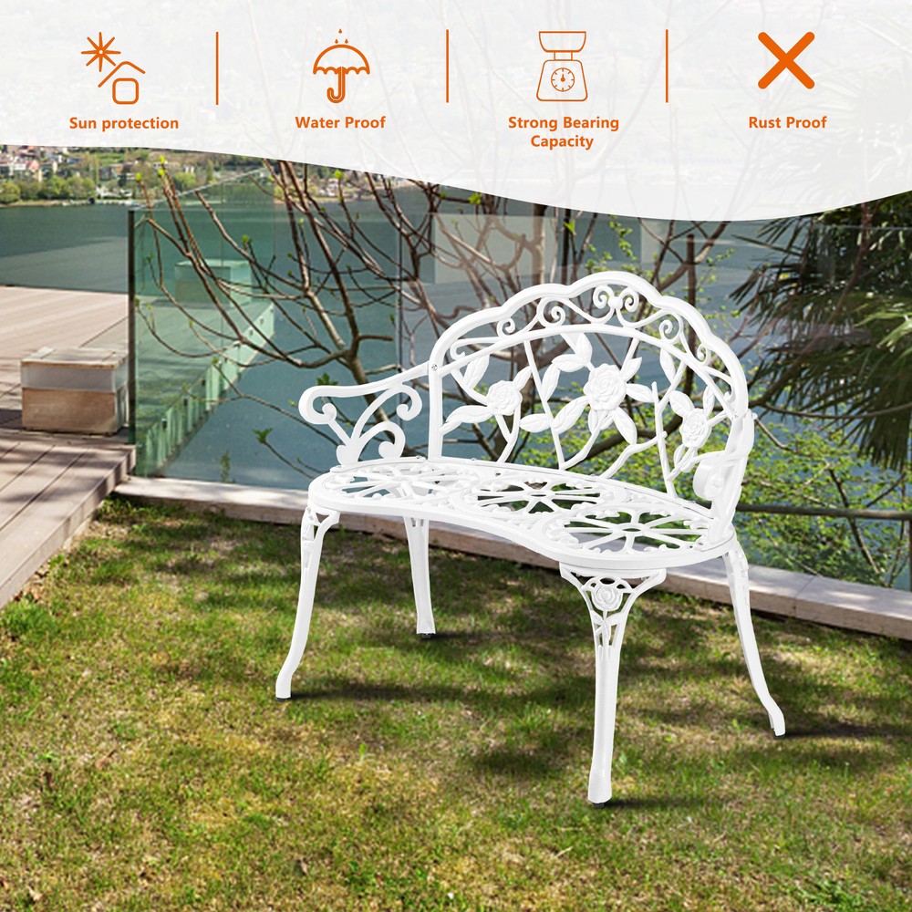 Cast Aluminum Rose Garden Bench for Patio, Porch, Lawn, or Park Outdoor Seating