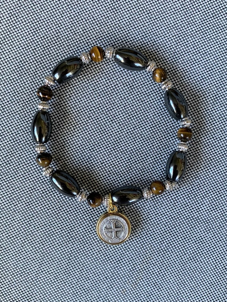 St. Benedict Medal Hematite and Tiger Eye Stretch Bracelet Pulsera San Benito