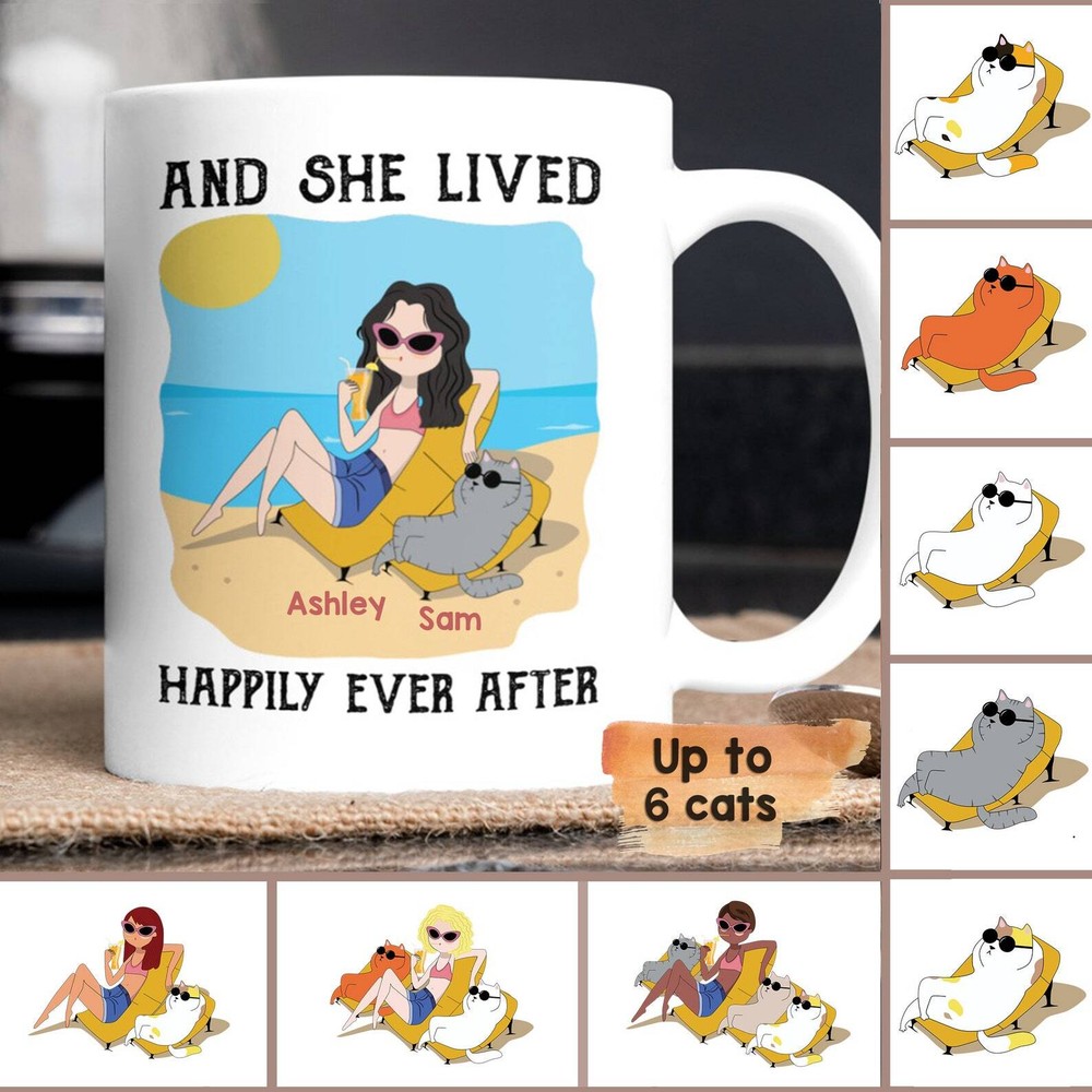 Custom Cat Lover Mug - Personalized She Lived Happily Ever After Design-image