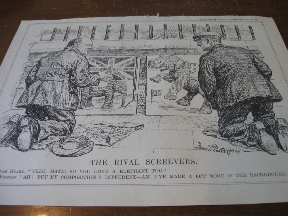 1933 Original POLITICAL CARTOON - WINSTON CHURCHILL w POSTER of INDIA MAP Indian
