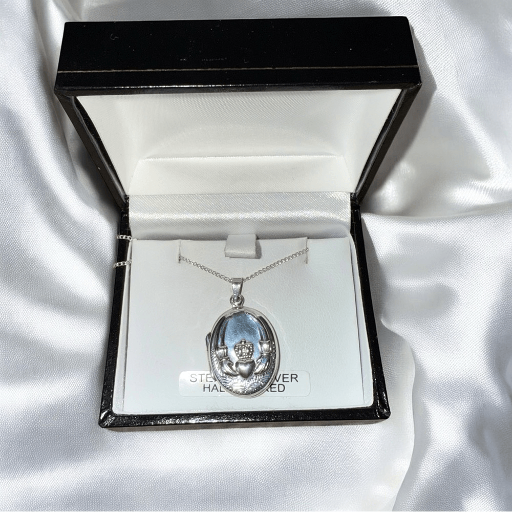 Sterling Silver Oval Claddagh Locket Necklace with Celtic Love & Loyalty Symbol