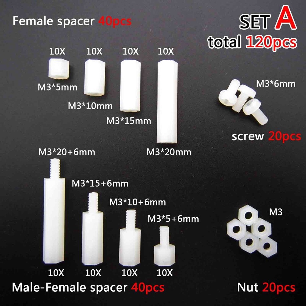 120/300pcs Plastic Nylon M3 Hex Column Standoff Spacer Screw Nut Assortment Kit