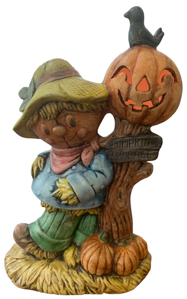 Hand Painted Ceramic Lighted Scarecrow Jack O Lantern HALLOWEEN VTG 80's Decor