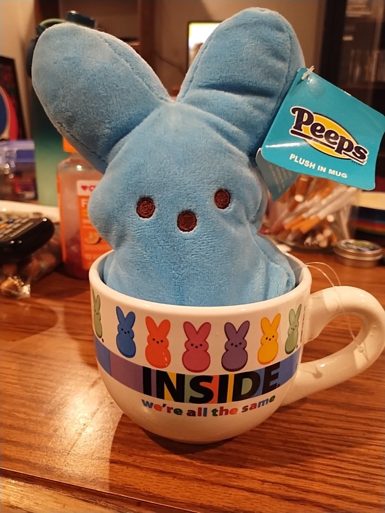 Peeps - 7.5” Blue Plush Bunny In A Mug that says 