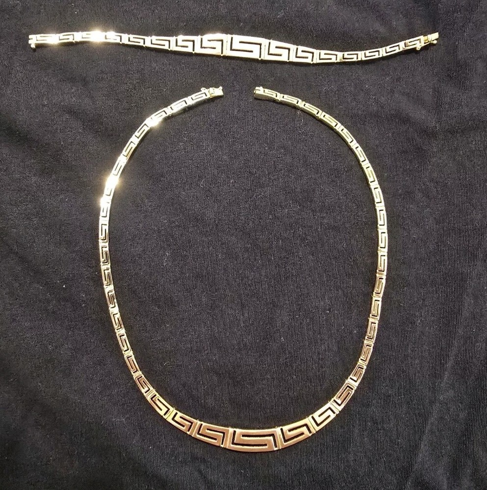 14k Gold Greek Key Necklace And Bracelet Set