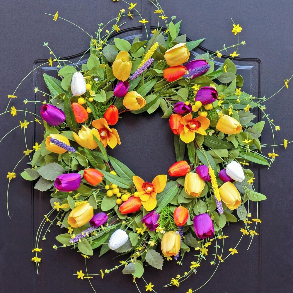 24 Inch Colorful Tulip Daisy Spring Wreath for Front Door