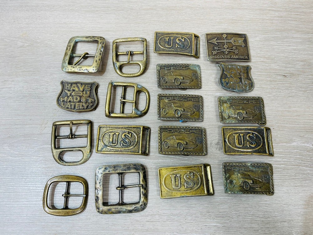 18 Vintage Solid Brass Belt Buckles Lot  Porsche Military America Novelty
