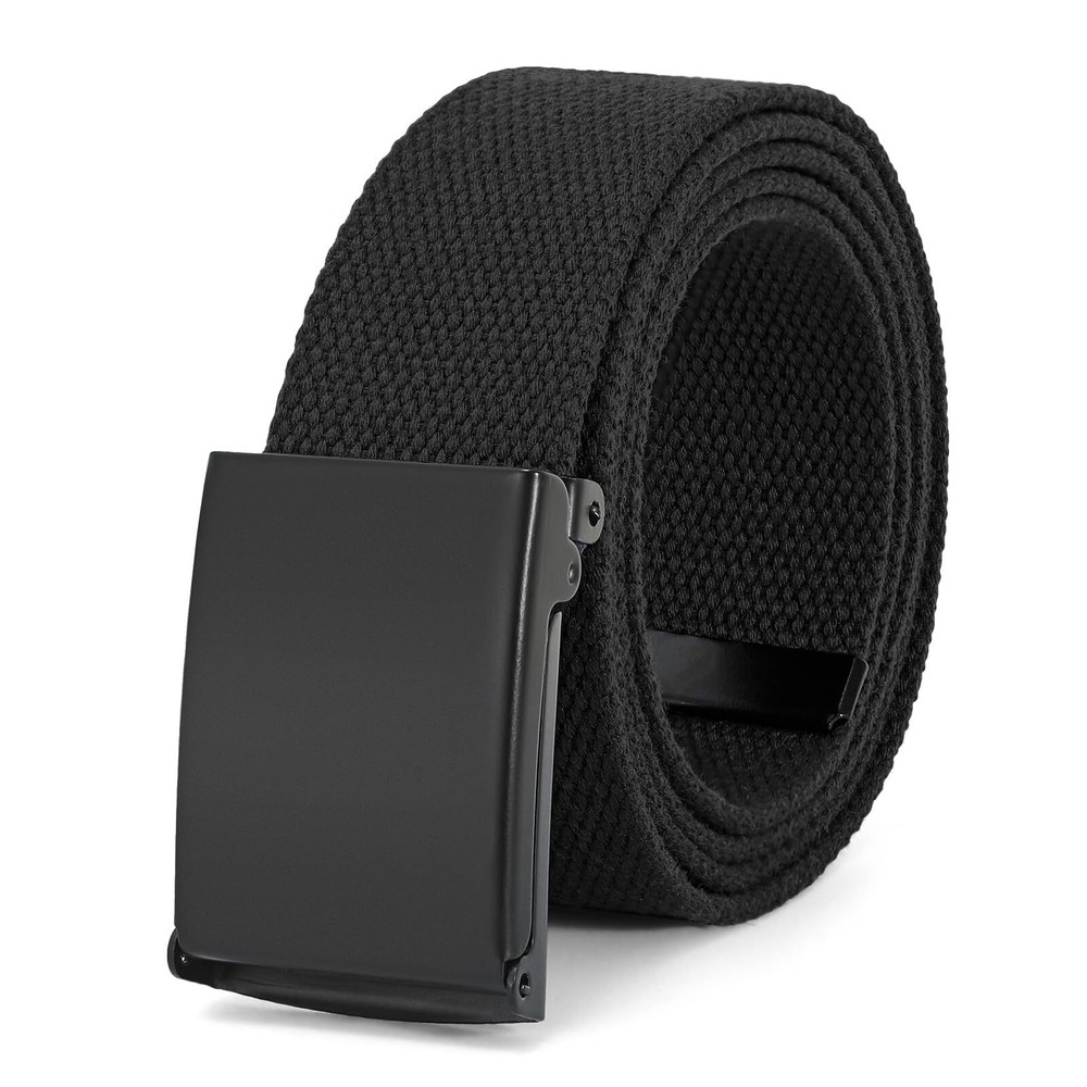 Canvas Web Belt Flip-Top Solid Black Military Buckle Fully Adjustable Mens We...