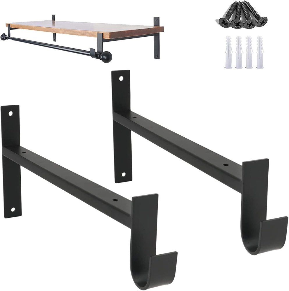 Heavy Duty Black Shelf Brackets with Hooks 12Inch 2Pcs Wall Mounted