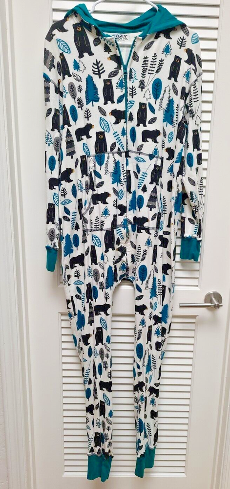 Lazy One Black Bear Forest Hooded One Piece Pajamas Unisex Adult Size L