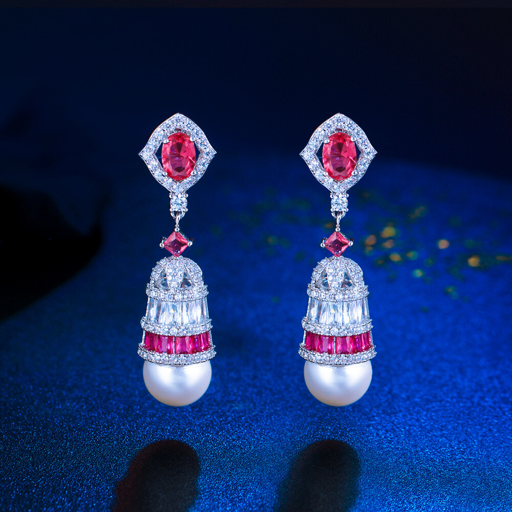 Rose Red Oval Cubic Zirconia Pearl Dangle Drop Earrings for Women Brides Wedding