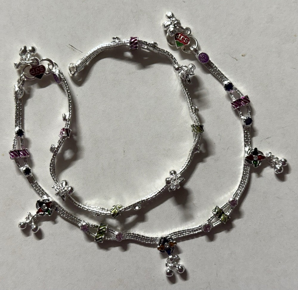 Sterling silver pink purple meena enamel bell anklet Bollywood India-image