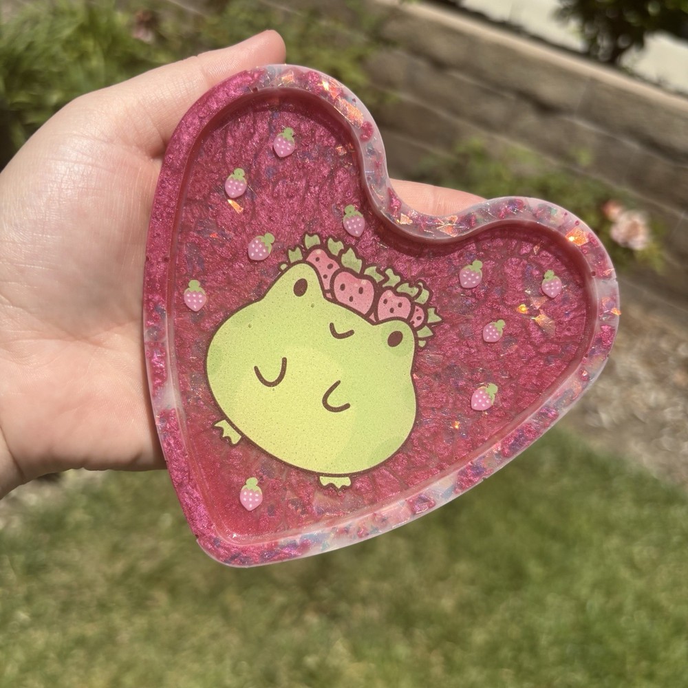 Pastel Pink & White Shifting Strawberry Frog Heart Resin Coaster