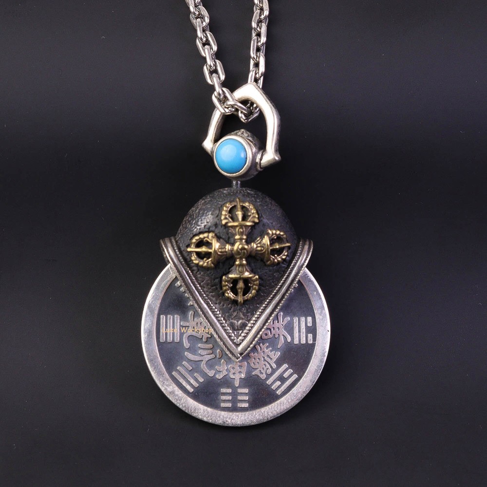 Real 925 Sterling Silver Natural Turquise Vajra Shangui Amulet Pendant 2inchL