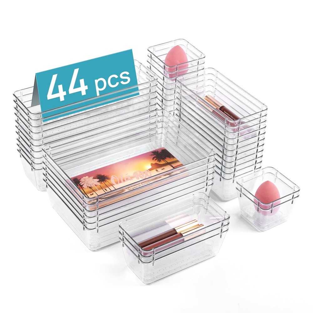 44 PCS Clear Plastic Drawer Organizers Set, 4-Size Versatile Bathroom and Van...