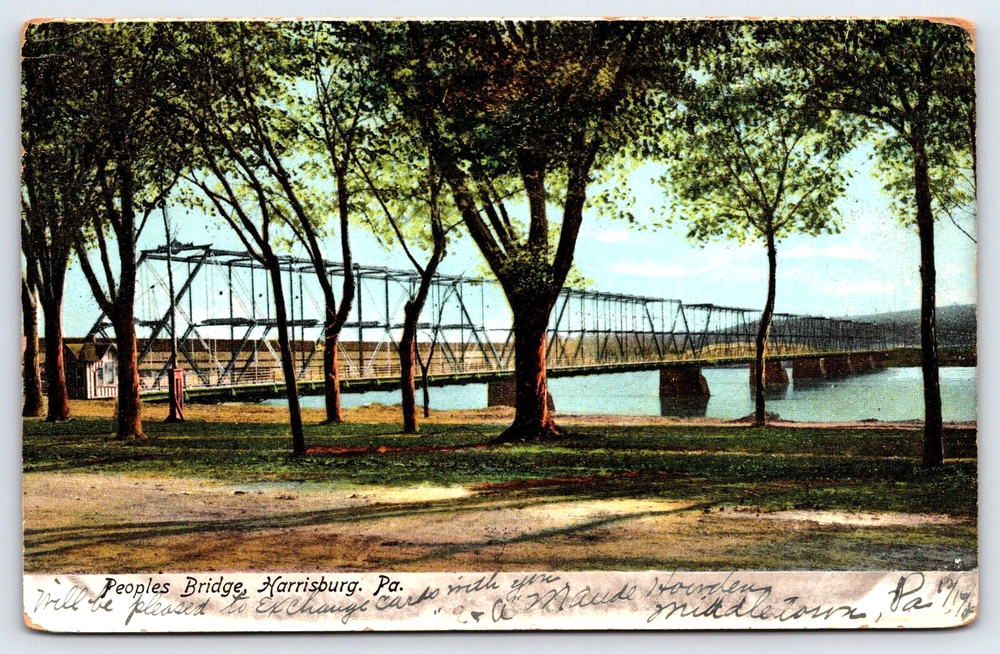 VINTAGE OLD ANTIQUE POSTCARD PEOPLES BRIDGE RIVER HARRISBURG PENNSYLVANIA 1908