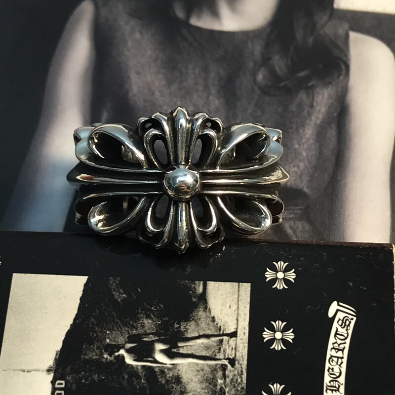 CHROME HEARTS Double Floral Cross Open Back Ring Sterling Silver US 9