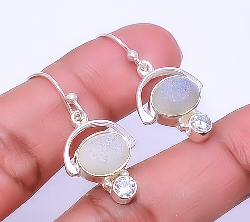 Snow White Titanium Agate Drusy 925 Sterling Silver Earring 1.25