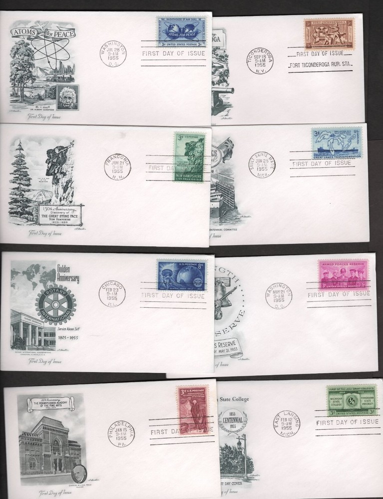 8 1955 Commemoratives FDCs Scott # 1064-1071